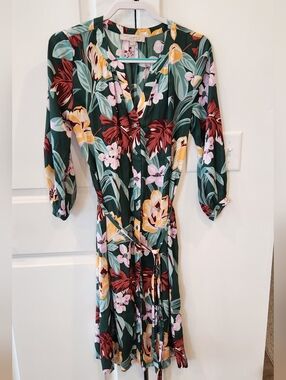 LOFT Dark Green Floral Wrap Midi Dress with Yellow & Pink Blooms